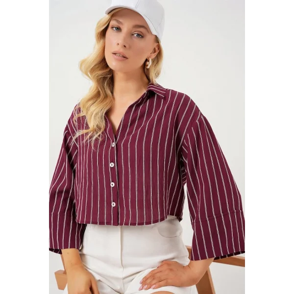Çizgili Oversize Kısa Gömlek 20326 - Bordo