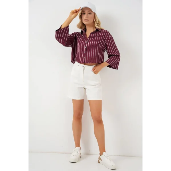 Çizgili Oversize Kısa Gömlek 20326 - Bordo