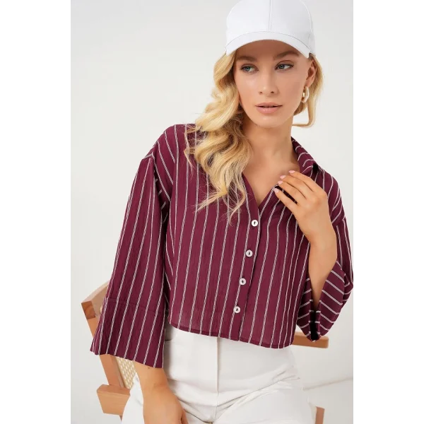 Çizgili Oversize Kısa Gömlek 20326 - Bordo