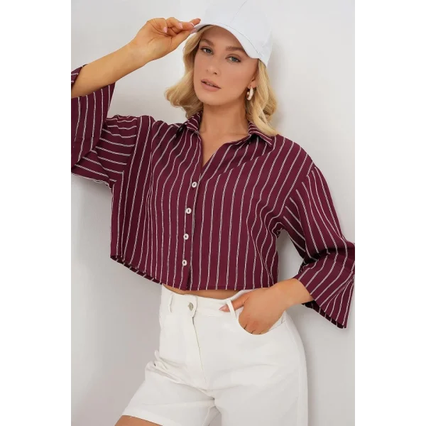 Çizgili Oversize Kısa Gömlek 20326 - Bordo