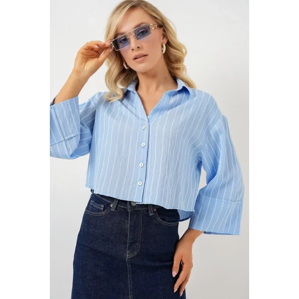 Çizgili Oversize Kısa Gömlek 20326 - Mavi