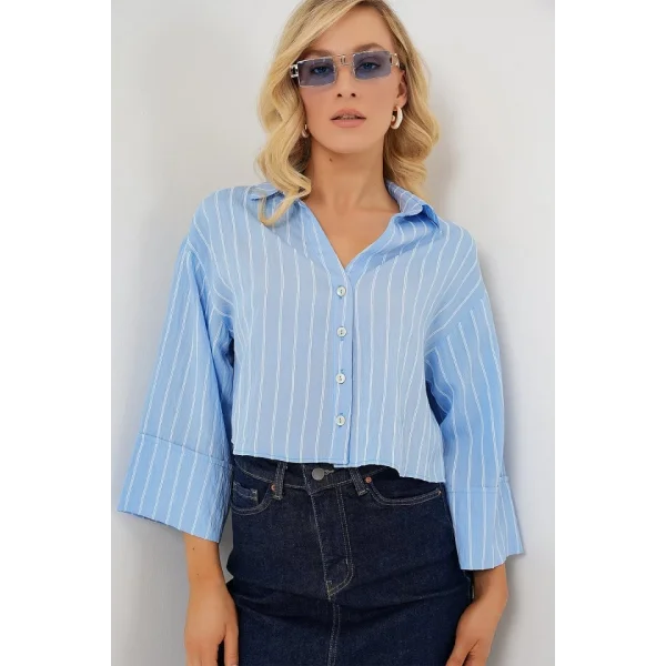 Çizgili Oversize Kısa Gömlek 20326 - Mavi