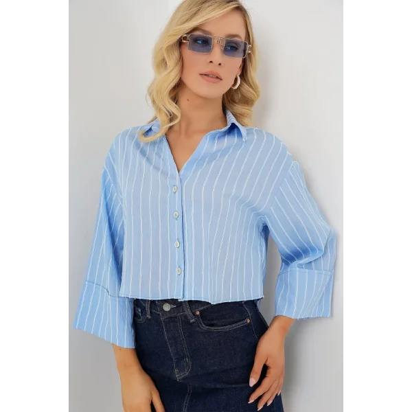 Çizgili Oversize Kısa Gömlek 20326 - Mavi