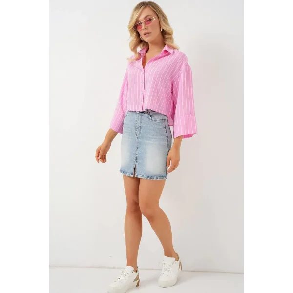 Çizgili Oversize Kısa Gömlek 20326 - Pembe