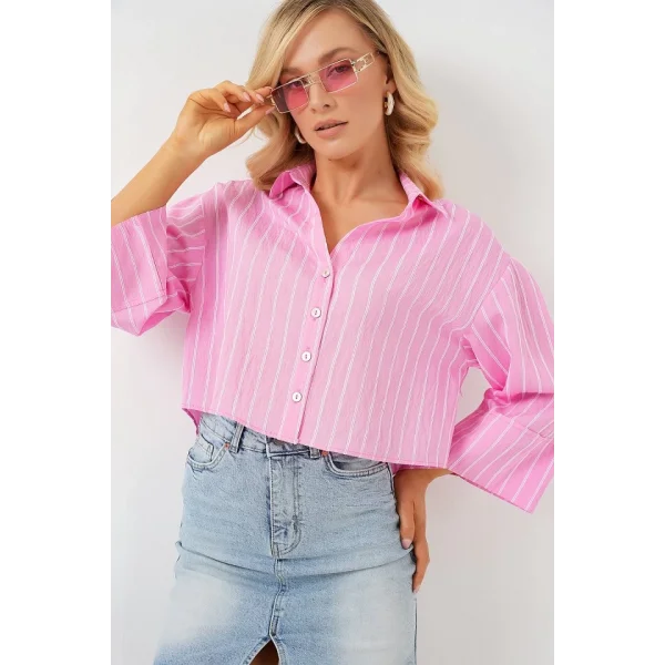 Çizgili Oversize Kısa Gömlek 20326 - Pembe