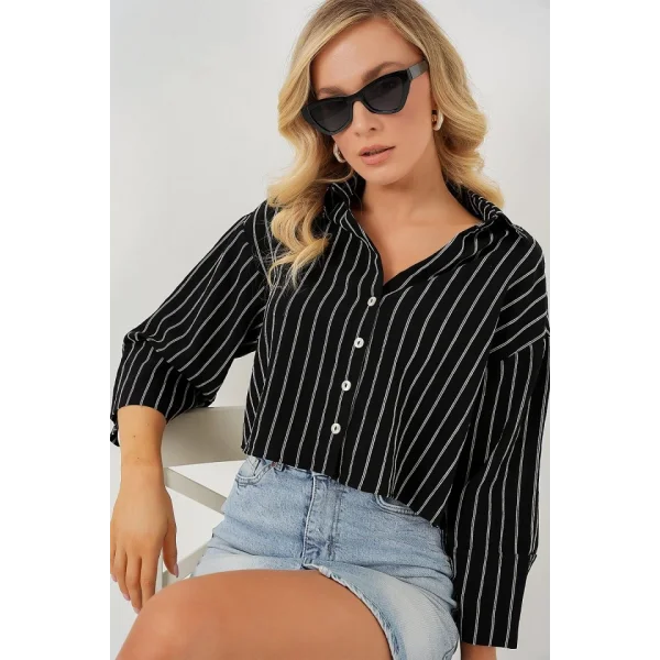 Çizgili Oversize Kısa Gömlek 20326 - Siyah