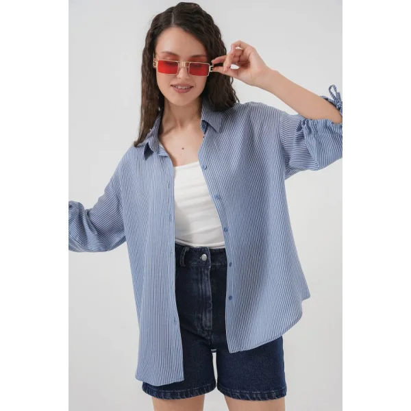 Çizgili Oversize Kısa Kol Gömlek 20296  İndigo