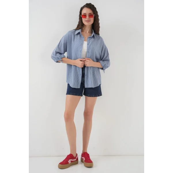 Çizgili Oversize Kısa Kol Gömlek 20296  İndigo