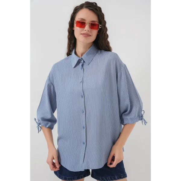 Çizgili Oversize Kısa Kol Gömlek 20296  İndigo