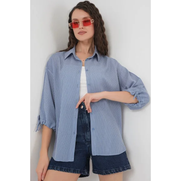 Çizgili Oversize Kısa Kol Gömlek 20296  İndigo