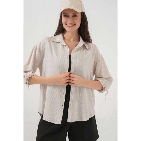 Çizgili Oversize Kısa Kol Gömlek 20296  Krem