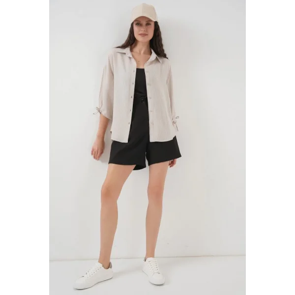 Çizgili Oversize Kısa Kol Gömlek 20296  Krem