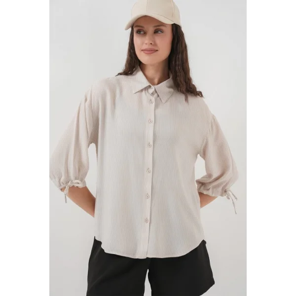 Çizgili Oversize Kısa Kol Gömlek 20296  Krem