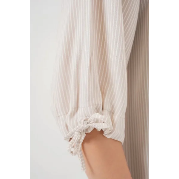 Çizgili Oversize Kısa Kol Gömlek 20296  Krem