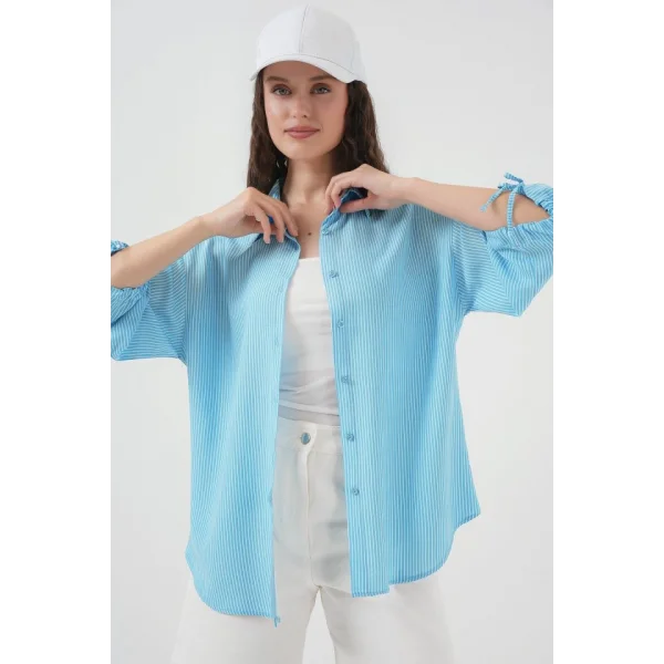 Çizgili Oversize Kısa Kol Gömlek 20296  Mavi
