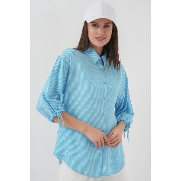 Çizgili Oversize Kısa Kol Gömlek 20296  Mavi
