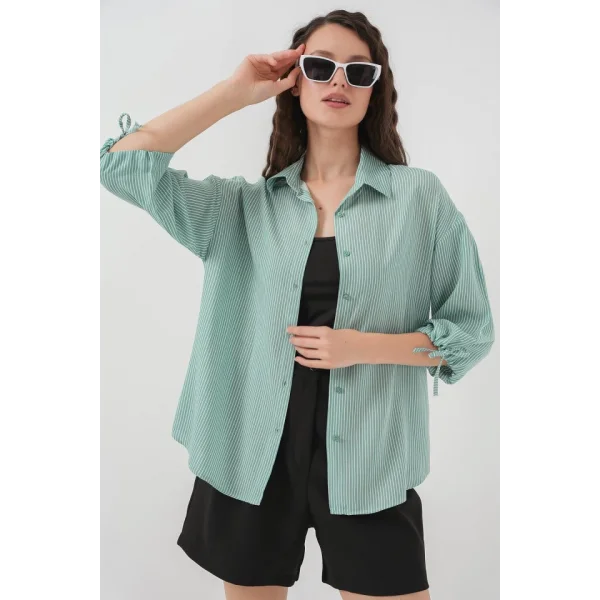 Çizgili Oversize Kısa Kol Gömlek 20296  Mint
