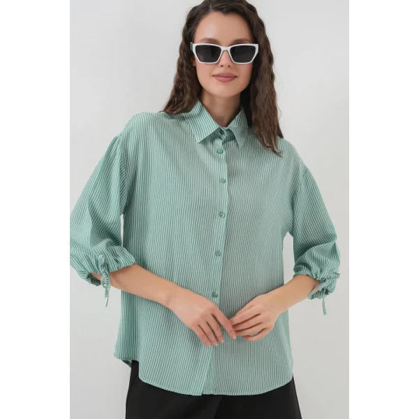 Çizgili Oversize Kısa Kol Gömlek 20296  Mint
