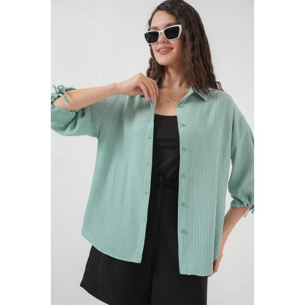 Çizgili Oversize Kısa Kol Gömlek 20296  Mint