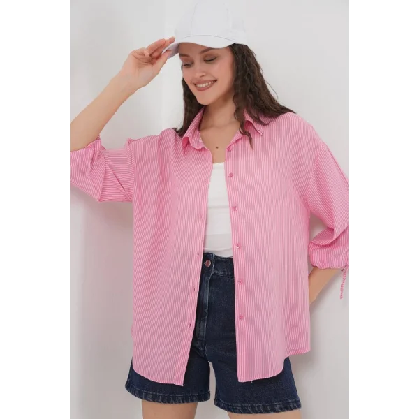 Çizgili Oversize Kısa Kol Gömlek 20296  Pembe