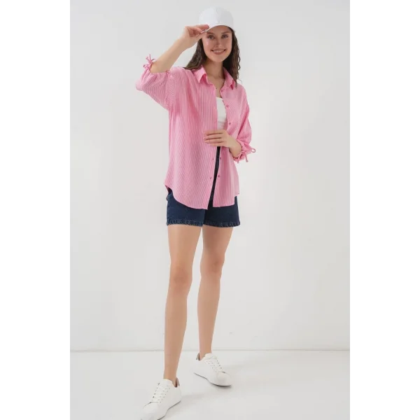 Çizgili Oversize Kısa Kol Gömlek 20296  Pembe