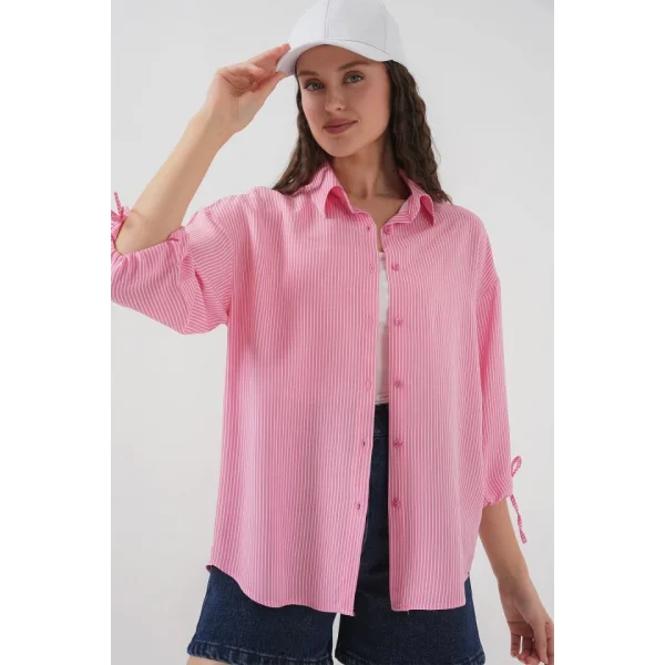 Çizgili Oversize Kısa Kol Gömlek 20296  Pembe