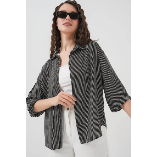 Çizgili Oversize Kısa Kol Gömlek 20296  Siyah