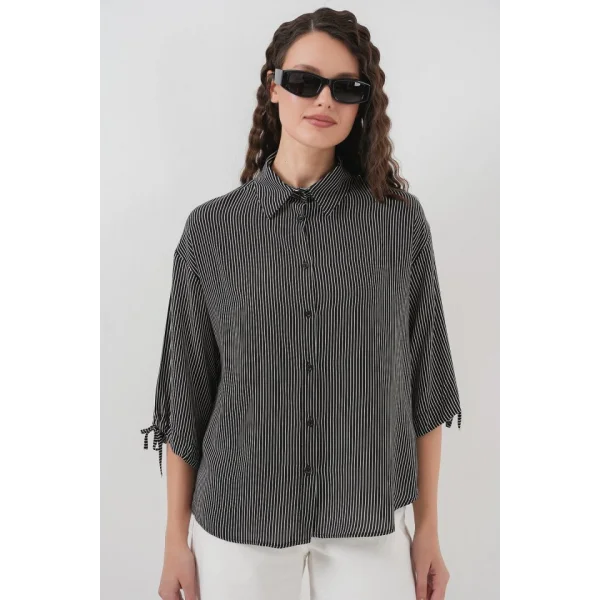 Çizgili Oversize Kısa Kol Gömlek 20296  Siyah