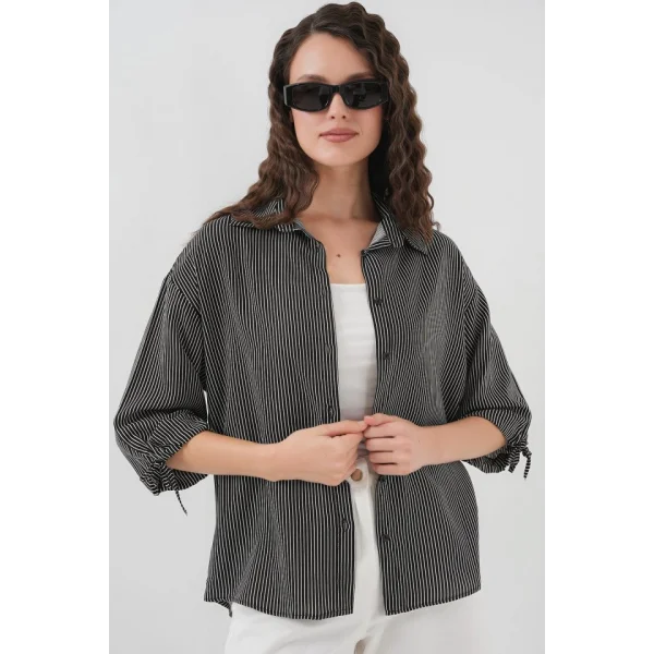 Çizgili Oversize Kısa Kol Gömlek 20296  Siyah