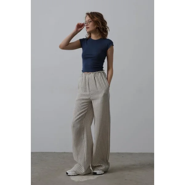 Çizgili Pamuklu Lastikli Pantolon - Bej-Lacivert