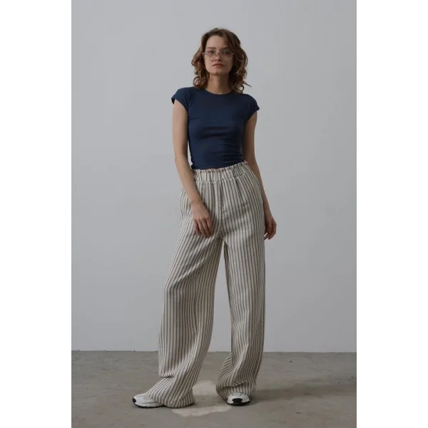 Çizgili Pamuklu Lastikli Pantolon - Bej-Lacivert