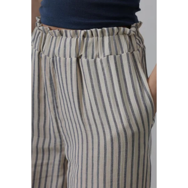 Çizgili Pamuklu Lastikli Pantolon - Bej-Lacivert