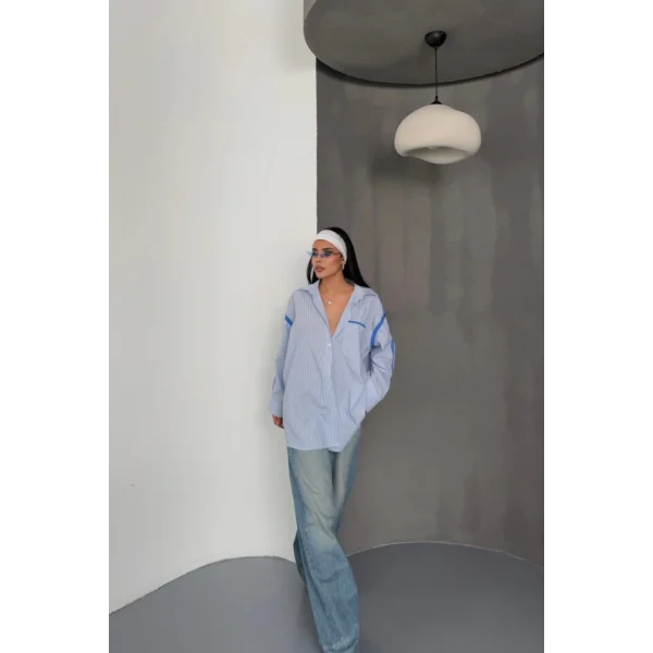 ÇİZGİLİ POLİN GÖMLEK BİYE ŞERİT DETAYLI - Mavi