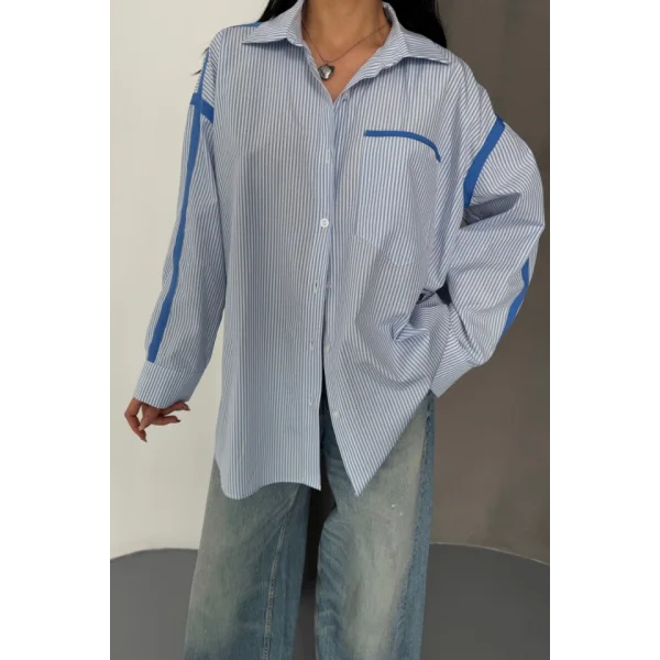 ÇİZGİLİ POLİN GÖMLEK BİYE ŞERİT DETAYLI - Mavi