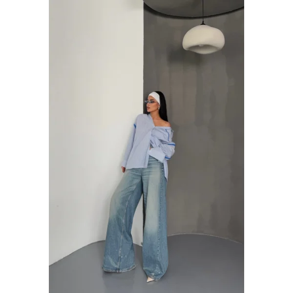 ÇİZGİLİ POLİN GÖMLEK BİYE ŞERİT DETAYLI - Mavi