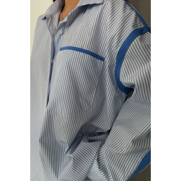 ÇİZGİLİ POLİN GÖMLEK BİYE ŞERİT DETAYLI - Mavi