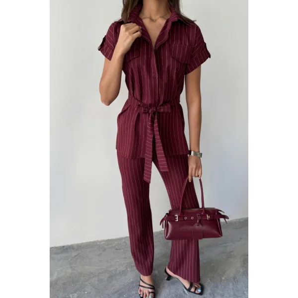 ÇİZGİLİ POLYVİSKON BLUZ - PANTOLON TAKIM - Bordo