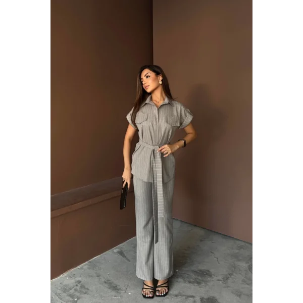 ÇİZGİLİ POLYVİSKON BLUZ - PANTOLON TAKIM - Gri