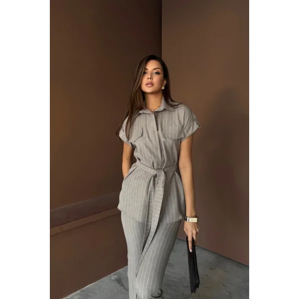 ÇİZGİLİ POLYVİSKON BLUZ - PANTOLON TAKIM - Gri