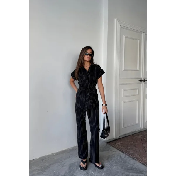 ÇİZGİLİ POLYVİSKON BLUZ - PANTOLON TAKIM - Siyah