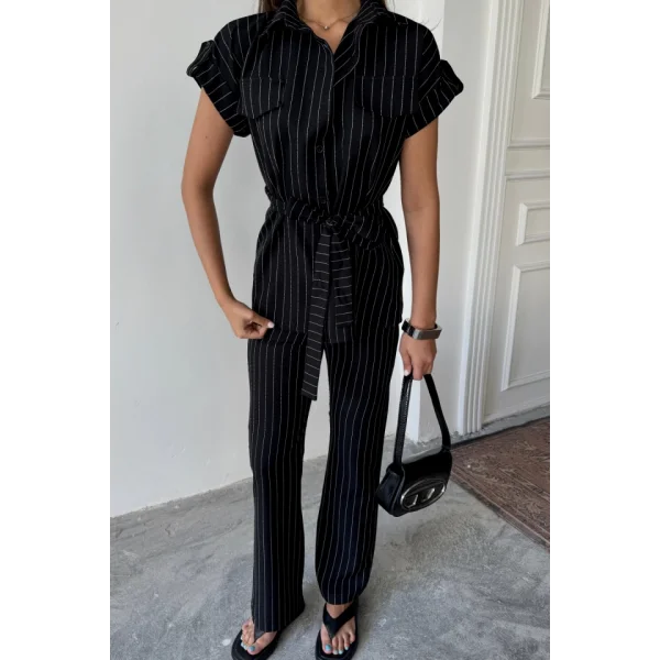 ÇİZGİLİ POLYVİSKON BLUZ - PANTOLON TAKIM - Siyah