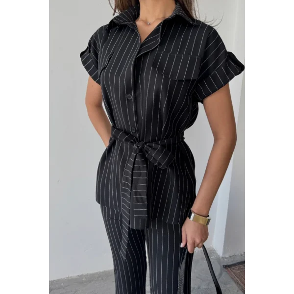 ÇİZGİLİ POLYVİSKON BLUZ - PANTOLON TAKIM - Siyah