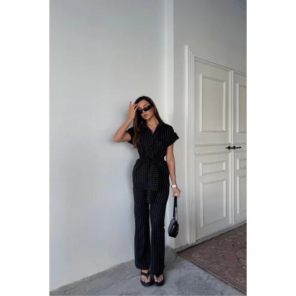 ÇİZGİLİ POLYVİSKON BLUZ - PANTOLON TAKIM - Siyah