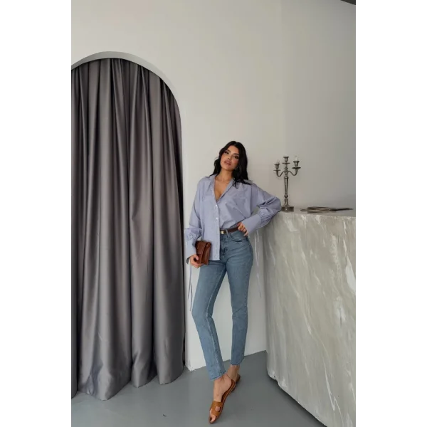 ÇİZGİLİ POPLİN GÖMLEK MANŞET İP DETAYLI - Lacivert