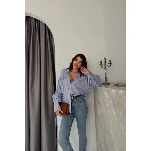 ÇİZGİLİ POPLİN GÖMLEK MANŞET İP DETAYLI - Lacivert