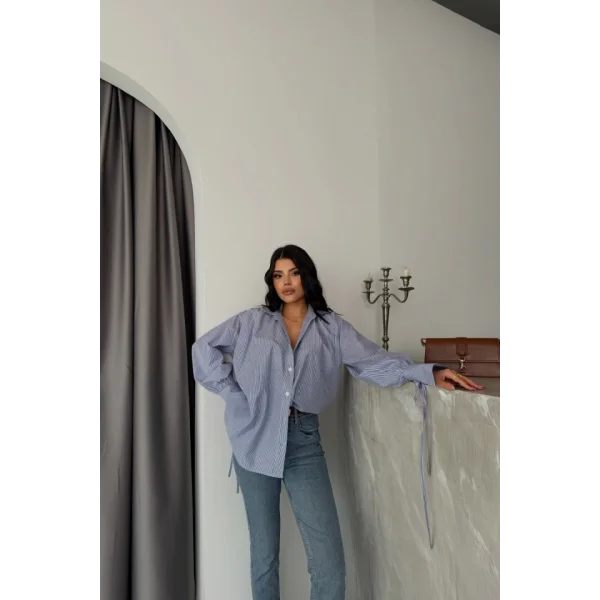 ÇİZGİLİ POPLİN GÖMLEK MANŞET İP DETAYLI - Lacivert