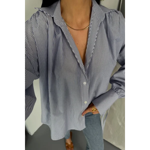 ÇİZGİLİ POPLİN GÖMLEK MANŞET İP DETAYLI - Lacivert