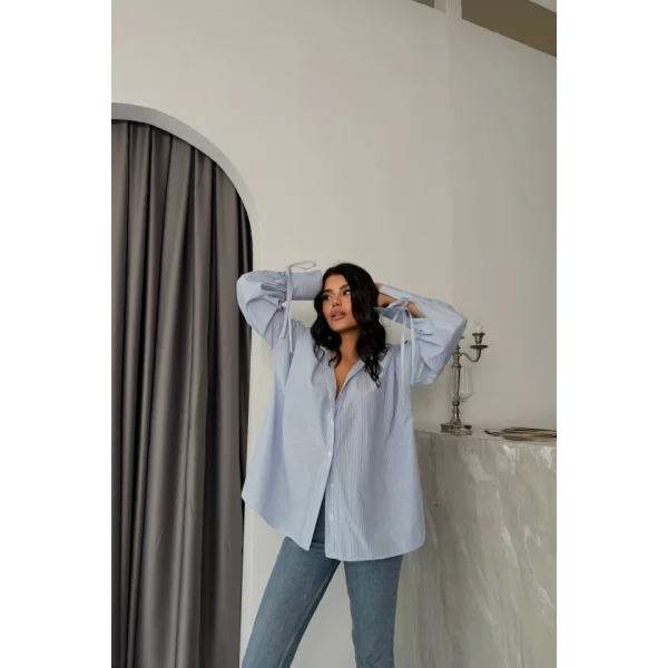 ÇİZGİLİ POPLİN GÖMLEK MANŞET İP DETAYLI - Mavi