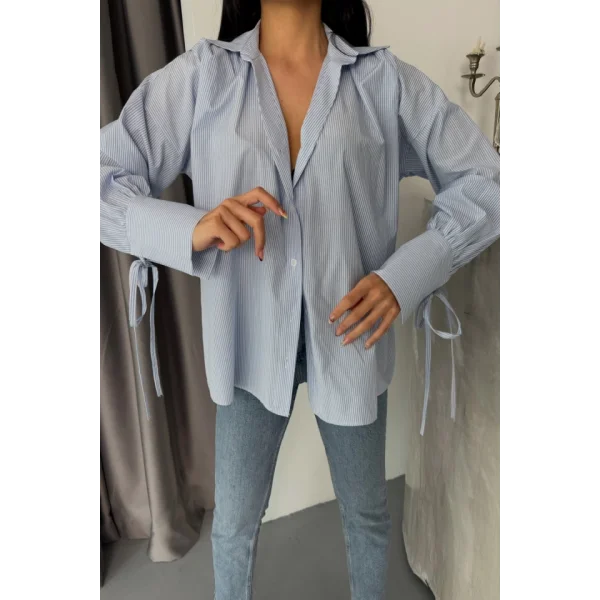 ÇİZGİLİ POPLİN GÖMLEK MANŞET İP DETAYLI - Mavi