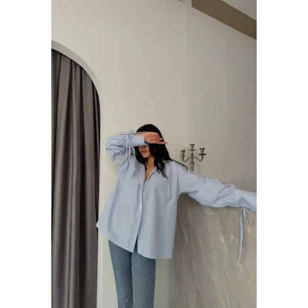 ÇİZGİLİ POPLİN GÖMLEK MANŞET İP DETAYLI - Mavi